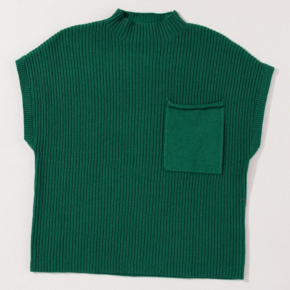 B305 Green Patch Pocket Ribbed Knit Short Sleeve Sweater - Picture 5 of 6